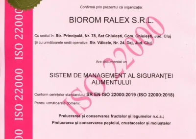 Biorom Ralex Certificat ISO 22000 2025